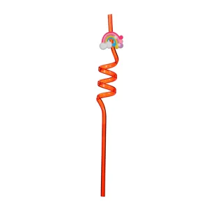 Detailed view of the cute rainbow cloud curly plastic straw, colorful cartoon design for party.