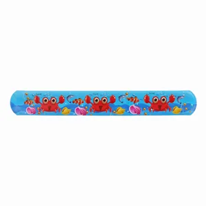 Detailed shot of an ocean animal print PVC slap bracelet with cute cartoon crabs design.