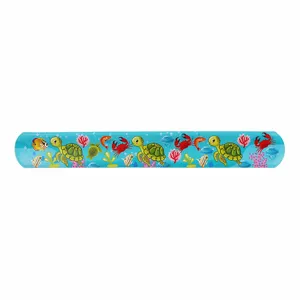 Detailed view of the cute ocean animal print PVC slap bracelet featuring colorful sea turtles.
