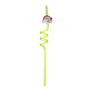 Green curly straw detail, cute rainbow cloud decoration, plastic party drink straw.