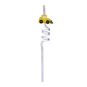 Simpatica cannuccia a spirale in plastica trasparente con dettaglio escavatore per feste.