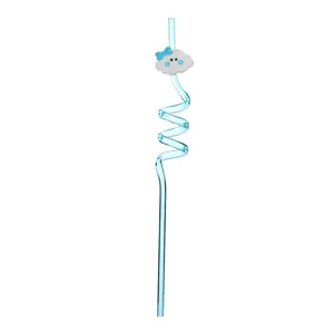 Close-up of cute blue plastic curly drinking straw with cartoon cloud and bow design for party.