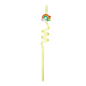 Colorful rainbow cloud spiral plastic straw for kids party, fun transparent drinking straw.