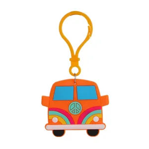 Porte-clés camping-car hippie rétro bohème en PVC, anneau de clé de voiture coloré souple.