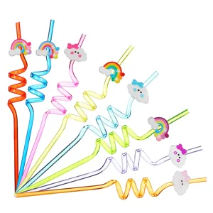 Cartoon Rainbow Cloud Spiral Curly Drinking Straws Reusable PET Straws With PVC Ornaments For Kids Birthday Party Bar Drinkware Accessories