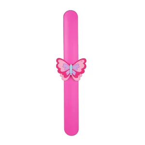 Bracelet slap papillon dessin animé mignon pour enfants, bracelet claque rose vif.