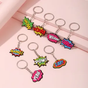 Lot de 8 magnifiques porte-clés en PVC style bande dessinée avec des mots anglais pour sacs.
