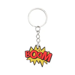 Porte-cles en caoutchouc PVC design BOOM style bande dessinee avec anneau metal pour enfants.