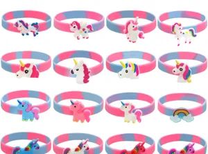 Assorted cartoon unicorn silicone bracelets detail view, colorful PVC soft rubber bands.