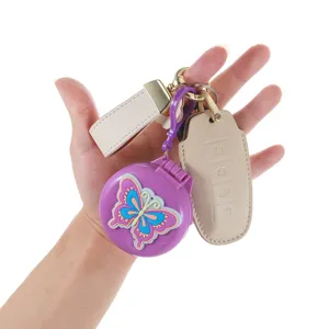 Cute butterfly folding mirror comb set with leather key fob and strap, portable keychain.