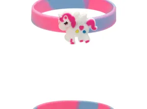 Detailed close-up shot of colorful silicone wristband featuring cute 3D unicorn charm for kids.