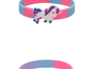 Close-up detail of the colorful unicorn silicone wristband with soft PVC charm design.