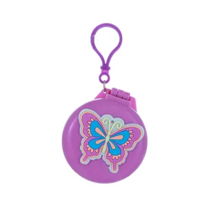 Portable folding butterfly mirror and hair comb keychain detail view, cute mini.