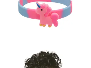 Detailed view of colourful silicone unicorn wristband with soft PVC charm for kids party gifts.