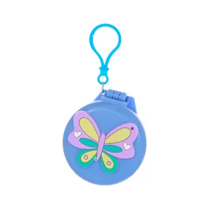 Portable folding pocket air cushion hair brush with mirror and cute cartoon butterfly design.