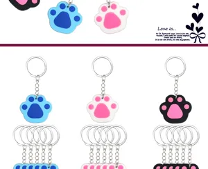 Colorful silicone paw print keychain set for cute dog cat pet party key ring accessories