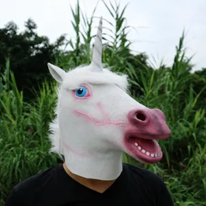 Halloween latex unicorn mask funny animal headgear realistic horse costume party prop.