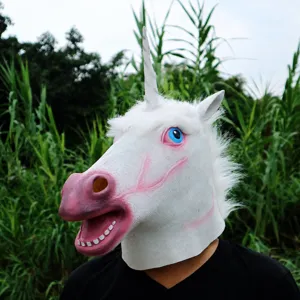 Halloween latex unicorn mask detail view, realistic animal headwear for party props.