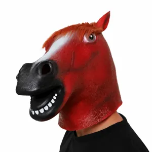 Funny latex red horse head mask for Halloween party costume props and animal performance fun.