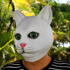 Masque de Tête de Chat Blanc Drôle Masque en Latex Animal Fête d'Halloween Accessoire