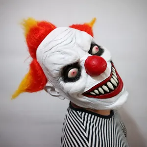 Scary clown mask detail showing spooky red hair, sharp teeth, and creepy facial features.