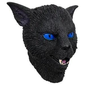 Close-up detail of the fierce black cat mask featuring striking blue eyes and open fangs.
