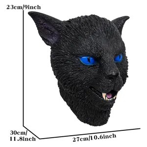 Black cat mask detail view showing realistic plush texture, fierce expression and blue eyes.