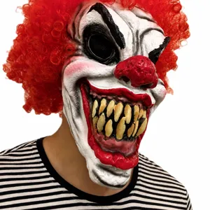 Maschera da clown spaventosa in lattice di Halloween con capelli ricci per feste cosplay.