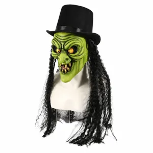 Halloween green witch mask with black top hat and long hair creepy party costume prop