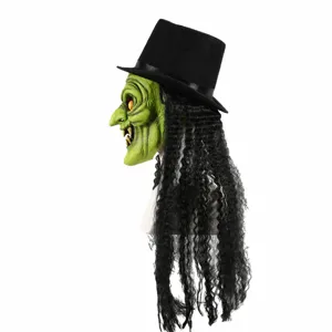Halloween simulation old witch mask with black top hat and long hair for party props.