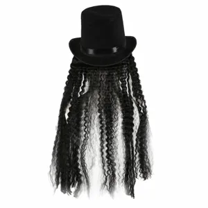 Halloween black top hat with long curly wig costume accessory for cosplay party props