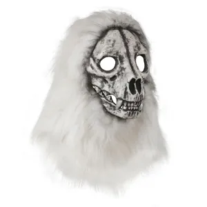 Halloween scary white long hair wolf skull mask latex masquerade party costume props