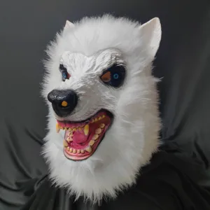 Halloween Horror Latex Plush White Wolf Mask Scary Animal Headgear For Costume Party Role Play Event Performance