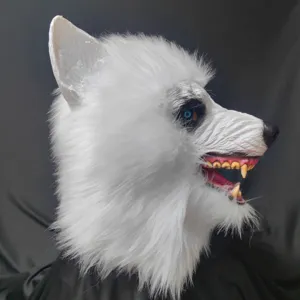 White wolf mask detail, realistic plush faux fur and latex design for Halloween parties.