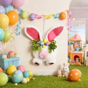 Easter plush bunny wreath wall hanging with colorful eggs and green leaves holiday decor.