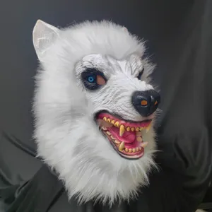 Halloween white werewolf mask terrifying latex plush animal headpiece for party costume props