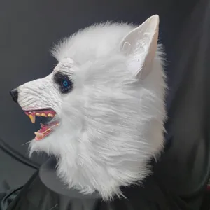 White werewolf mask Halloween horror latex plush animal head mask party costume prop
