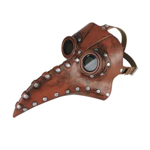 Detailed close-up of steampunk plague doctor mask featuring brown leather and metal rivets.