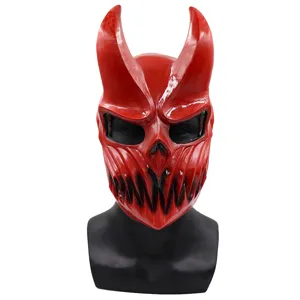 Detail view of red devil skull mask, PVC deathcore party mask, Halloween costume props.
