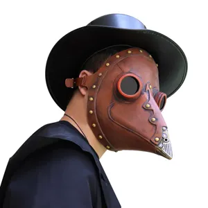 Steampunk plague doctor mask detail view, brown leather bird beak mask with metal rivets.