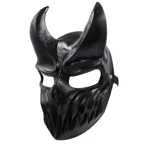 Black PVC deathcore demon mask with horns and fierce teeth for Halloween party costume props
