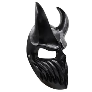Black PVC deathcore demon mask detail, featuring glossy finish and realistic horn design for party.