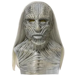 Latex Halloween horror mask with white hair, zombie demon headgear for costume parties.