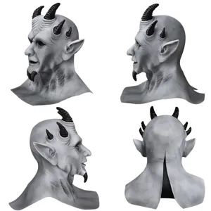 Máscara de látex de diablo gris primer plano multiángulo vista detallada para fiesta