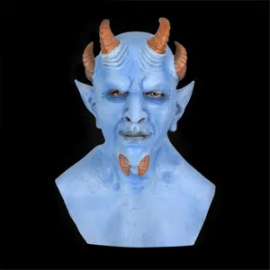 Máscara de látex de diablo azul con cuernos, perfecta para cosplay de Halloween y fiestas oscuras.