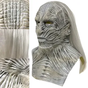 Detail view of latex Night King horror mask showing skin texture and white hair for Halloween party.