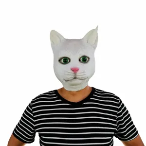 Realistic white cat mask funny animal latex headgear for halloween costume party props