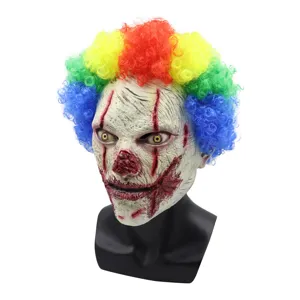 Scary Halloween clown mask with colorful rainbow wig, creepy horror latex costume headwear.