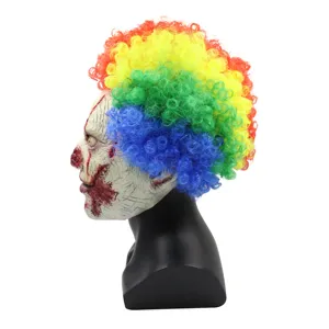 Scary clown mask with colorful afro wig for Halloween party, creepy costume props.