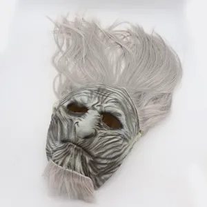 Close-up detail of the horror latex mask with long grey hair, perfect for Halloween party props.